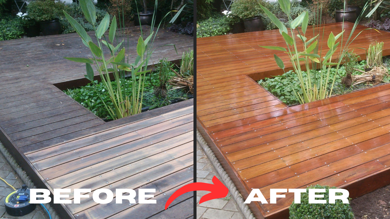 Deck Sanding Grits in Anerley – dramatic before-and-after of a tropical hardwood deck (balau/iroko) restored from greyed boards to a rich, even finish.